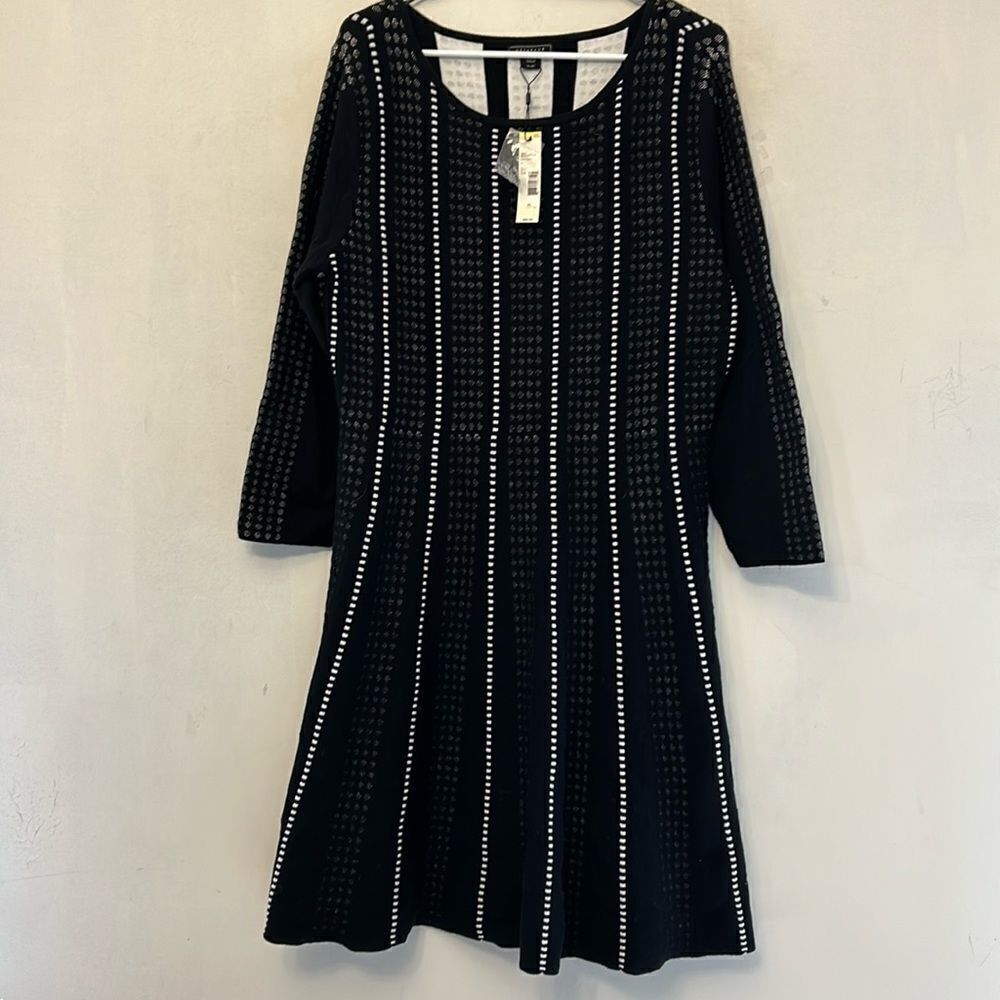 Metaphor black white long sleeve boat neck flare dress Size XL New